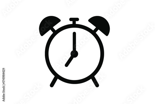 Simple alarm clock icon vector illustration, minimalist black analog clock design with transparent background, classic wake-up timer symbol for graphic design, ordered set