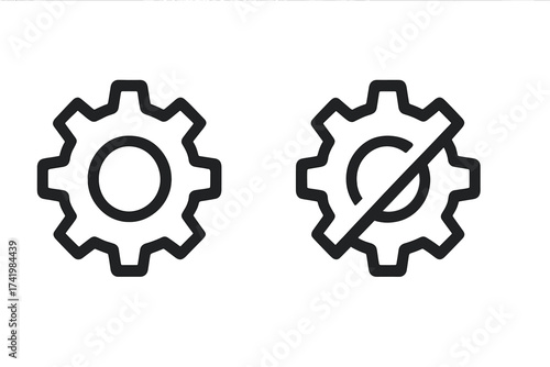 Setting and No Setting Gear Icon Signs Isolated on White Background, Vector Illustration, Transparent Background, Mechanical Engineering, Control Symbols, Technology Interface, Mechanical Components