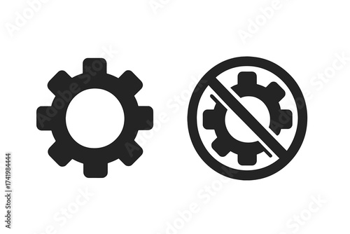 Setting icon and no setting sign vector isolated on white background, gear and forbidden gear symbol, technology concept, configuration and disable system symbols, editable vector illustration set
