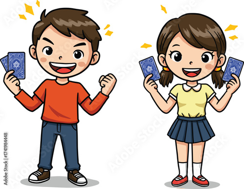 Happy kids playing with blue cards, boy and girl holding game cards, joyful cartoon illustration for board or card games
