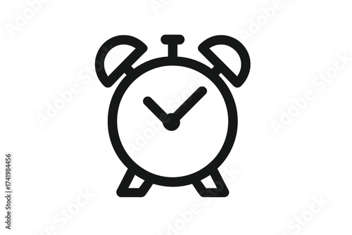 Simple alarm clock icon vector, classic ringing bell design, minimalistic black and white clock illustration, transparent background, graphic design element for time and reminder concepts