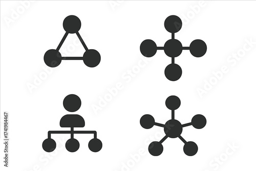 Social network icon set with connected nodes, network connection symbols, minimalist vector illustrations on white background, isolated transparent design, vector data and linking concept