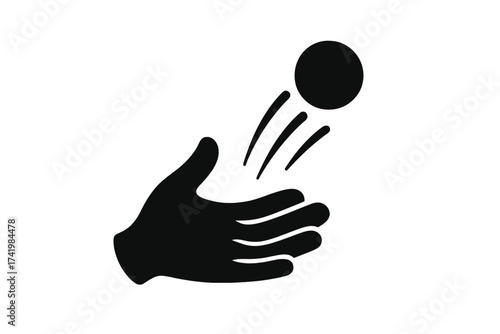 Hand throwing ball icon vector silhouette. Toss catch and play symbol. Throwing motion concept for sport game activity. Black and white graphic element for web and print.