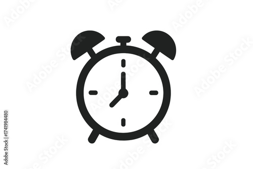 Simple alarm clock icon vector, minimalist black clock illustration with twin bells, time symbol, alarm wake-up concept, transparent background graphic design