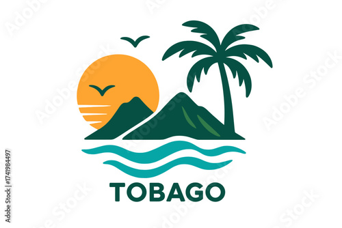Tropical Tobago Island logo vector illustration, Caribbean sea sunset with palm tree, waves, mountains, birds silhouette, summer vacation, travel tropical paradise design