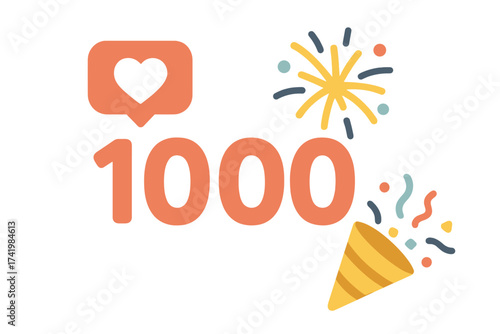 Thank you 1000 followers, celebration post. Social media 1k subscribers milestone. Vector web banner for achieving a goal with like icon, party popper, and fireworks.
