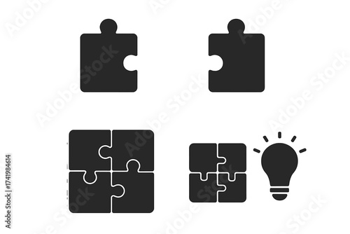 Puzzle piece icon set, solution concept vector illustration, connected jigsaw puzzle pieces, teamwork, collaboration symbol, creativity and problem solving idea, isolated set on transparent background