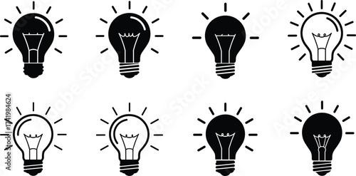 Light bulb icons, creative idea symbols, innovation concept, electricity design, energy efficiency illustration, brainstorming graphic, inspiration art, modern minimal style