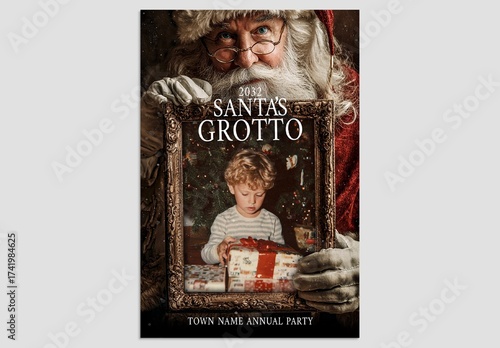 Christmas Flyer Template with Santa Claus Holding Vintage Gold Picture Frame, for Santa's Grotto & Toy Drive Events