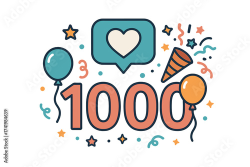 1000 followers celebration vector banner for social media. 1k online community milestone. Thank you post for subscribers and likes with heart icon, balloons, and confetti.