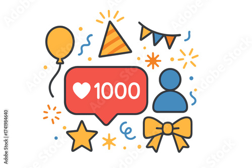 1000 followers celebration vector illustration. Social media milestone of one thousand likes. Online community group thank you banner for marketing post with party icons.