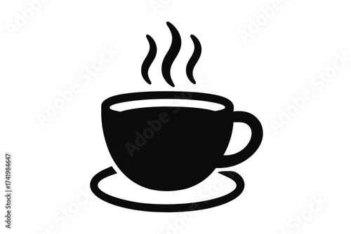 Hot coffee cup vector icon. Tea mug with steam symbol for a cafe or restaurant menu. Simple black silhouette of a hot drink, espresso, or cappuccino for a coffee break.