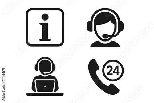 Customer service icon set. Help desk, info sign, call center operator with headset and 24-hour support icons. Vector illustration for contact us and online assistance.