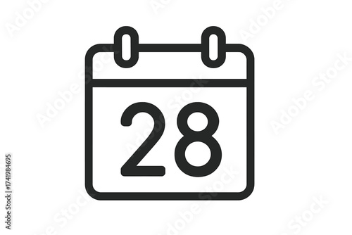 Calendar icon with date 28. Day twenty-eight. Schedule, appointment, event, or deadline reminder symbol. Time management and planning concept. Date pictogram for web UI.