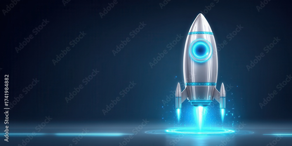Fototapeta premium AI-driven innovation concepts to increase productivity. A sleek, futuristic rocket stands against a dark backdrop, illuminated by blue light, ready for launch.
