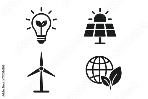 Renewable energy icon set with solar panel, wind turbine, and eco lightbulb. Vector symbols of green power, sustainability, and ecology. Clean electricity concept illustration.
