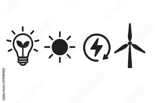 Renewable energy icons set with light bulb plant, solar sun, electric power, and wind turbine symbols, green energy, sustainability concept, vector illustration