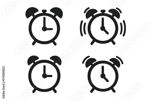 Alarm clock icon set. Time management concept. Wake up, morning alert, and deadline reminder symbol. Ringing bell notification. Simple flat vector illustration isolated.