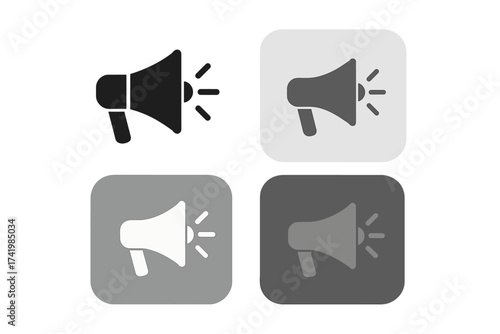 Megaphone icon set, loudspeaker symbol collection, button design vector illustration, sound announcement, audio communication icons, transparent background, ordered marketing elements