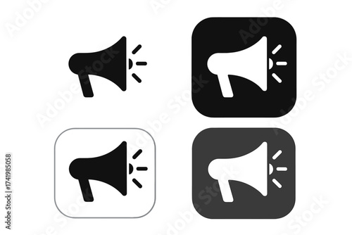 Megaphone icon set with loudspeaker symbols, button design vector illustration, transparent background, ordered collection, communication, announcement, sound, alert, marketing concept