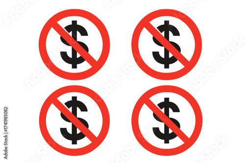 No dollar sign icon set. Ban money symbol. Free of charge concept. No cost or payment prohibition vector. De-dollarization, financial crisis, anti-capitalism metaphor.