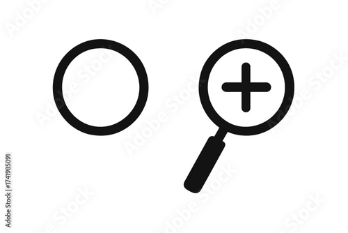 Magnifying glass icon set. Zoom in, find, and search symbols. Loupe with plus for magnification and discovery. Vector illustration for web, UI, and UX design. Analysis tool.