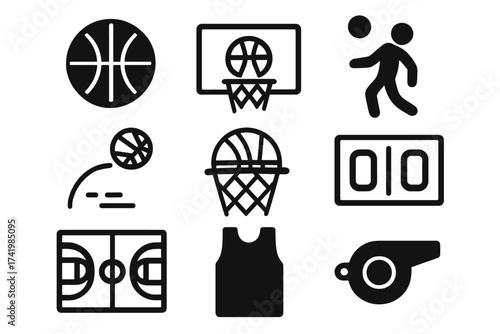 Basketball sport icon set. Vector glyph collection of game symbols. Player, ball, hoop, court, scoreboard, whistle and jersey. Flat pictogram illustration for infographic.