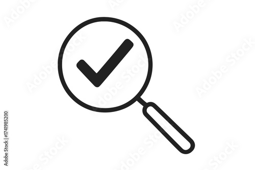 Magnifying glass with check mark vector icon. Quality control, validation, and inspection concept. Approved, verified, and certified symbol. Search, review, and audit sign.