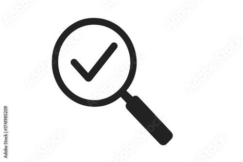 Magnifying glass with check mark. Quality control, inspection, audit, and review passed. Validation, verification, and confirmation icon. Correct, approved, and certified.
