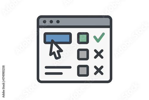 Online survey checklist illustration. Web browser with form, questionnaire, feedback options. User interface for test, quiz, vote. Choice, selection concept. Check mark and cross.