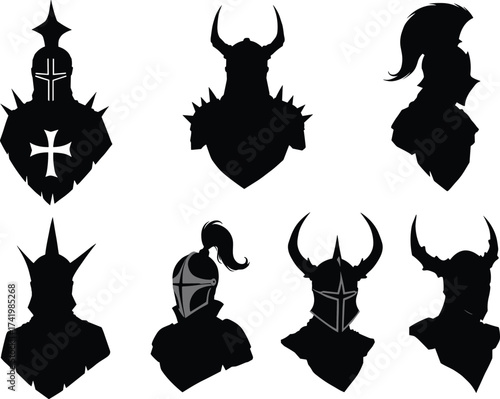 Medieval knight silhouette, fantasy warrior armor, crusader helmet vector, dark knight bust, horned helmet illustration, gothic warrior design, cad drawing flat vector illustration