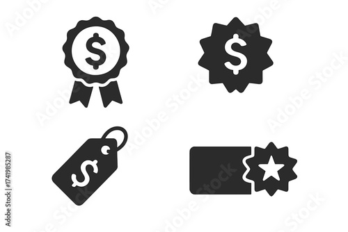 Money award vector icon set. Price tag and promotion symbol collection. Financial prize, dollar sign badge, best deal sticker and coupon illustration for business and shopping.