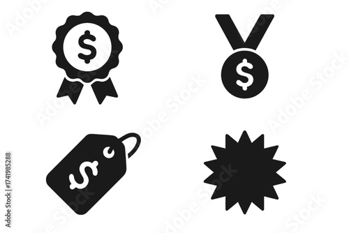Money award vector icon set. Financial prize and success symbol. Price tag for sale promotion and discount. Best value medal and quality guarantee badge. Business winner concept.