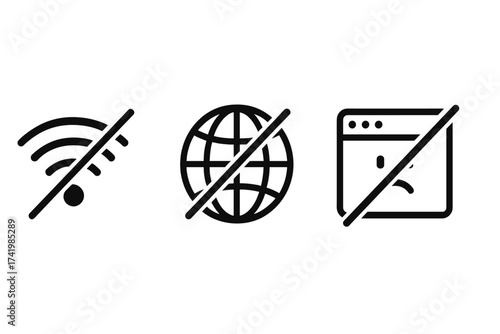 No WiFi icon, No internet connection sign, No online access symbol, No web browser connection illustration, Wireless signal off, Disconnected network vector set, Transparent background