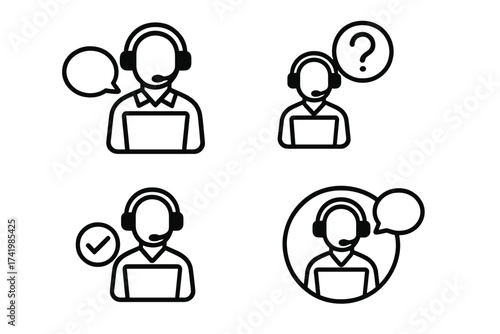 Online support service icons vector set, customer service representatives with headset and laptop, communication symbols, chat bubbles, question mark, check mark, customer help, tech support concept