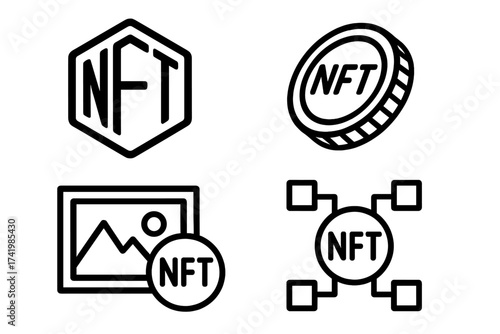 NFT non-fungible token vector icon set. Line art symbols for blockchain, crypto art, digital assets, and cryptocurrency. Includes coin, network, and gallery concepts.