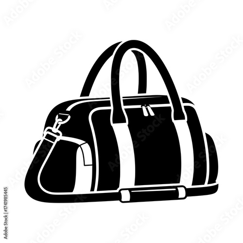 Black and white gym bag illustration with shoulder strap and handles.