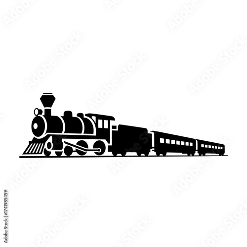 Black and white illustration of a train with carriages on a white background.