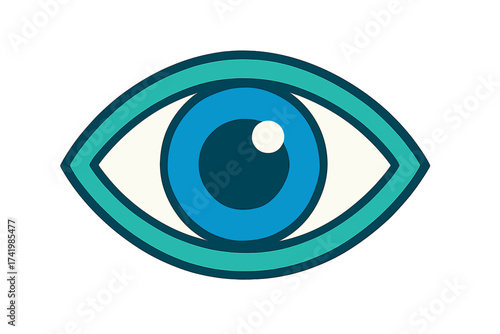 Optical eye vector icon in color design with blue iris and teal outline, isolated on white background, minimalistic eye symbol illustration for vision and perception concepts.