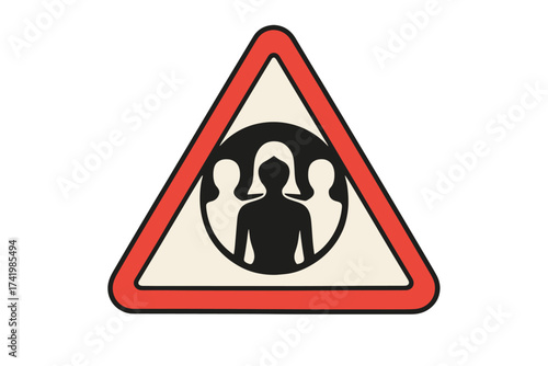 Warning sign people icon. Metaphor for social issues, group danger or community alert. Teamwork risk symbol. Public safety caution pictogram. Society hazard vector illustration.