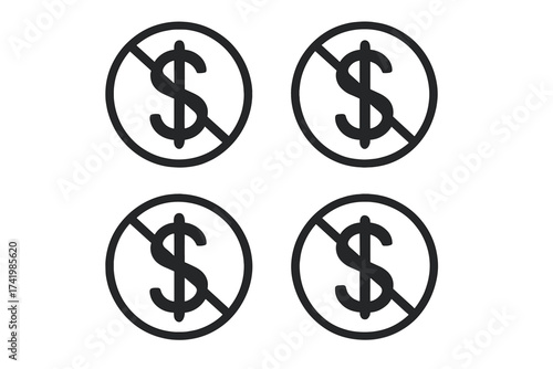 No dollar sign vector icon set. Free of charge symbol. Money prohibition sign. Financial crisis or no cost concept. Payment forbidden and priceless graphic illustration.