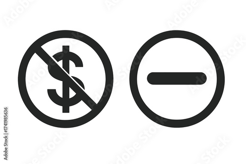 No dollar symbol icon set. Vector illustration of no money, free of charge sign. Concept of payment forbidden, anticapitalism, financial crisis, debt, and devaluation.