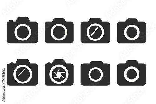 Photo camera icons set, photography symbols collection, vector illustration with transparent background, ordered camera design, shutter and lens symbols for photo and video projects