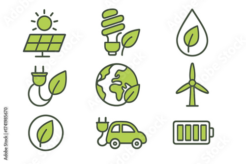 Eco-friendly planet and green energy icons set with solar panel, energy-saving lightbulb, wind turbine, electric car, battery, and leaf symbols representing ecology and sustainability concepts