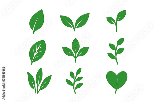 Plant icon set with green leaf symbols, natural concept vector illustrations, minimalist foliage designs, transparent background, organized leaf shapes for environmental and botanical themes