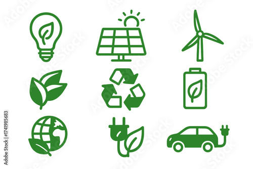 Green Ecology Icon Set with Planet, Leaf, Solar Panel, Wind Turbine, Recycling, Battery, Electric Car, and Energy Concepts for Sustainable Environment and Clean Energy