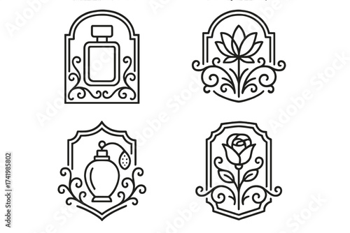 Perfume logo collection. Line art icon set for cosmetic branding. Elegant floral fragrance symbols. Vintage bottle, rose, and lotus flower vector signs for beauty product labels.