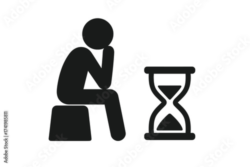 Waiting person icon. Patience concept. Man sitting with an hourglass. Time running out, deadline is coming. Metaphor for boredom, procrastination, delay. Sadness and thinking.