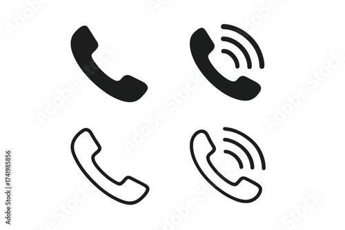 Phone call vector icon set. Handset and telephone symbols. Ringing and incoming call pictogram for communication, contact us, support or hotline. Glyph and outline style sign.