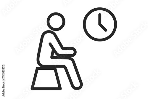 Person waiting icon. Man sitting by a clock symbol. Concept for patience, delay, appointment, deadline, or waiting room. Vector pictogram illustration for graphic and web design.